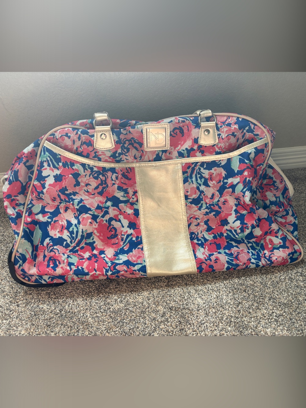New Directions Floral Travel Rolling Duffel in Pink, Blue & Gold